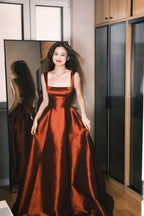 Elegant Burgundy A-Line Square Neck Bow Satin Long Prom Dress Evening Dress