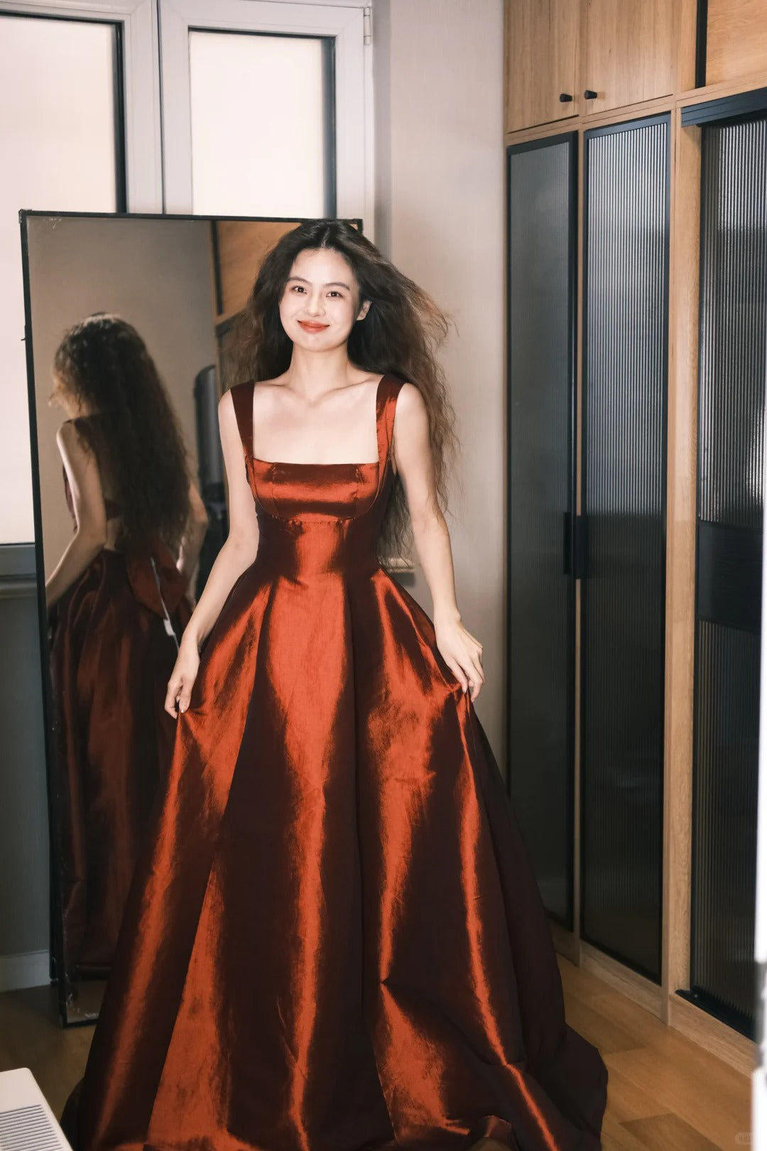 Elegant Burgundy A-Line Square Neck Bow Satin Long Prom Dress Evening Dress