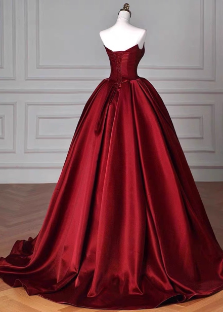 Elegant Burgundy A-Line Strapless Satin Train Prom Dress Evening Dress