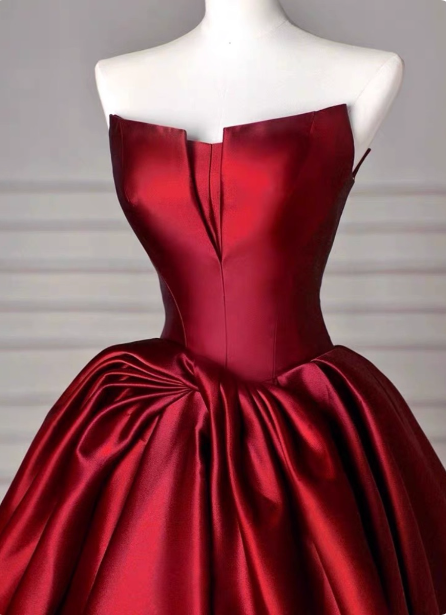 Elegant Burgundy A-Line Strapless Satin Train Prom Dress Evening Dress