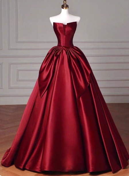 Elegant Burgundy A-Line Strapless Satin Train Prom Dress Evening Dress Main image