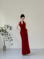Elegant Burgundy Fitted Halter Neck Deep V-Neck Satin Long Prom Evening Dress