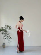 Elegant Burgundy Fitted Halter Neck Deep V-Neck Satin Long Prom Evening Dress
