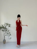 Elegant Burgundy Fitted Halter Neck Deep V-Neck Satin Long Prom Evening Dress