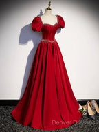 Elegant Burgundy Floor Length Prom Dress, A-Line Beading Puffy Short Sleeve Backless Evening Dress