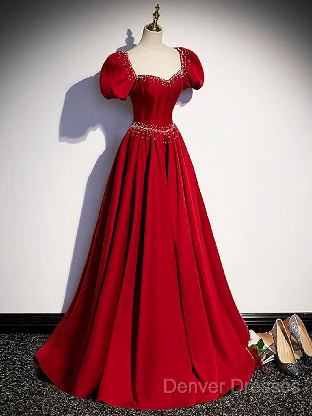 Elegant Burgundy Floor Length Prom Dress, A-Line Beading Puffy Short Sleeve Backless Evening Dress