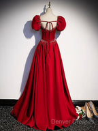 Elegant Burgundy Floor Length Prom Dress, A-Line Beading Puffy Short Sleeve Backless Evening Dress