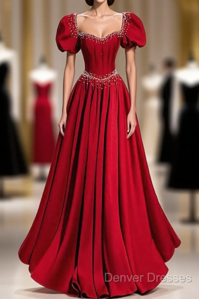 Elegant Burgundy Floor Length Prom Dress, A-Line Beading Puffy Short Sleeve Backless Evening Dress Main image