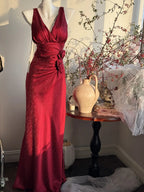 Elegant Burgundy Mermaid Jacquard Satin V-Neck Evening Dress Simple Prom Dress