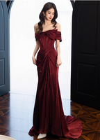 Elegant Burgundy Mermaid Off-The-Shoulder Ruffled Satin Train Prom Dress Evening Dress