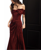 Elegant Burgundy Mermaid Off-The-Shoulder Ruffled Satin Train Prom Dress Evening Dress