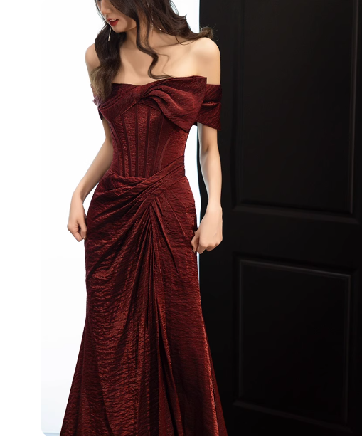 Elegant Burgundy Mermaid Off-The-Shoulder Ruffled Satin Train Prom Dress Evening Dress