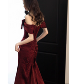 Elegant Burgundy Mermaid Off-The-Shoulder Ruffled Satin Train Prom Dress Evening Dress