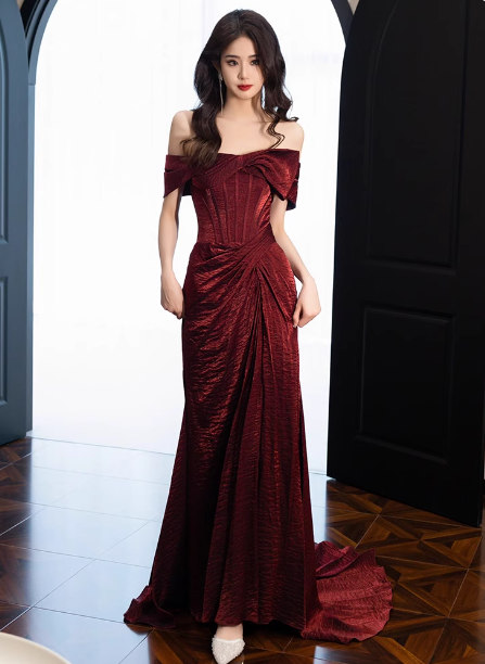 Elegant Burgundy Mermaid Off-The-Shoulder Ruffled Satin Train Prom Dress Evening Dress Main image