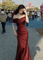 Elegant Burgundy Mermaid Off-The-Shoulder Satin Long Prom Dress Evening Dress