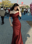 Elegant Burgundy Mermaid Off-The-Shoulder Satin Long Prom Dress Evening Dress