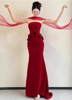 Elegant Burgundy Mermaid Strapless 3D Floral Satin Train Prom Dress Evening Dress