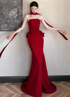 Elegant Burgundy Mermaid Strapless 3D Floral Satin Train Prom Dress Evening Dress