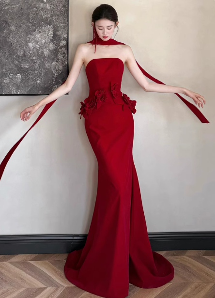 Elegant Burgundy Mermaid Strapless 3D Floral Satin Train Prom Dress Evening Dress