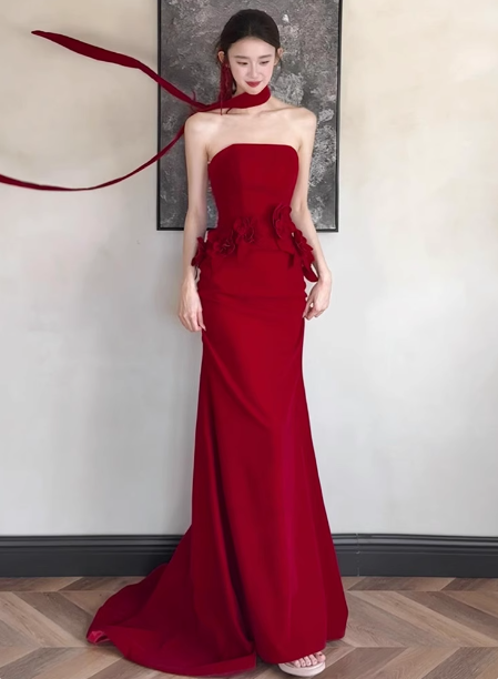 Elegant Burgundy Mermaid Strapless 3D Floral Satin Train Prom Dress Evening Dress Main image
