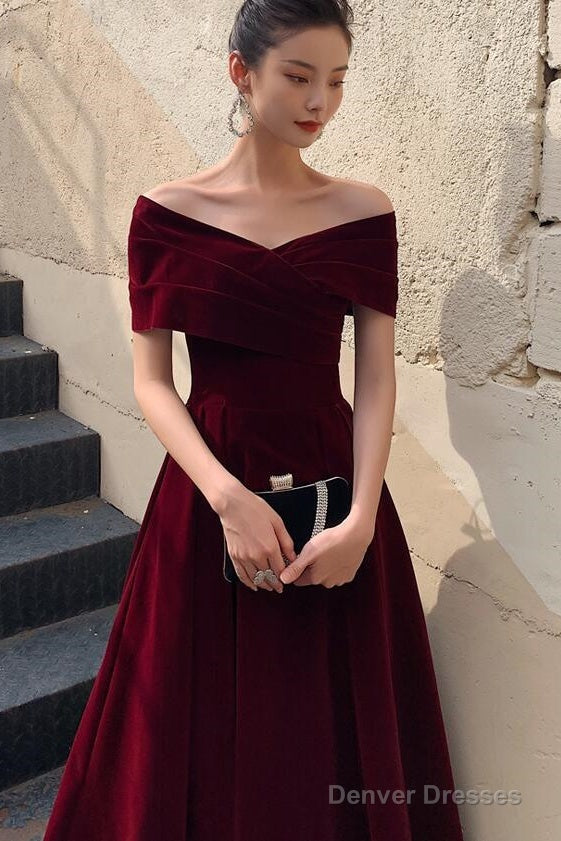 Elegant Burgundy Off Shoulder Sweetheart Velvet Party Dress, A-Line Long Formal Dress Prom Dress