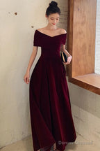 Elegant Burgundy Off Shoulder Sweetheart Velvet Party Dress, A-Line Long Formal Dress Prom Dress