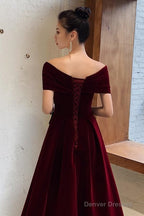 Elegant Burgundy Off Shoulder Sweetheart Velvet Party Dress, A-Line Long Formal Dress Prom Dress