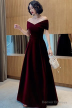 Elegant Burgundy Off Shoulder Sweetheart Velvet Party Dress, A-Line Long Formal Dress Prom Dress