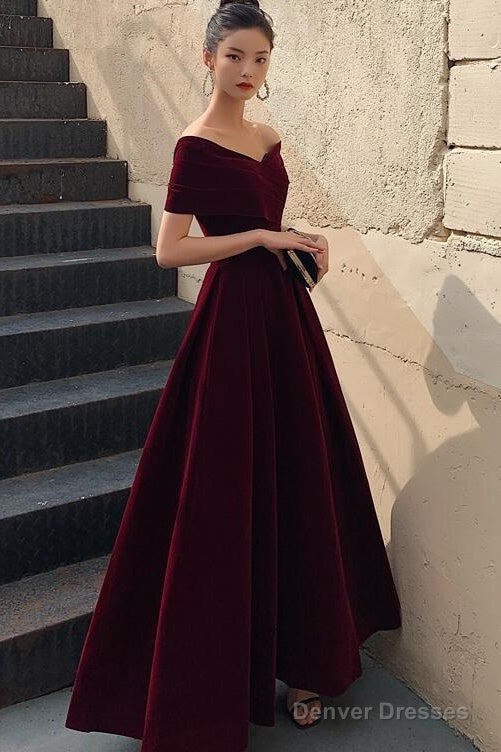 Elegant Burgundy Off Shoulder Sweetheart Velvet Party Dress, A-Line Long Formal Dress Prom Dress Main image