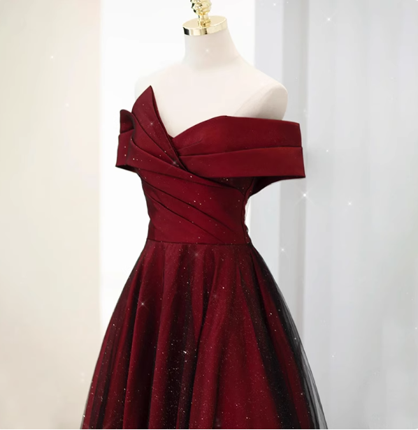 Elegant Burgundy Off-The-Shoulder A-Line Satin Tulle Long Prom Dress Evening Dress