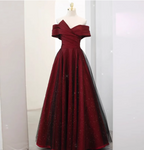 Elegant Burgundy Off-The-Shoulder A-Line Satin Tulle Long Prom Dress Evening Dress