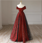 Elegant Burgundy Off-The-Shoulder A-Line Satin Tulle Long Prom Dress Evening Dress