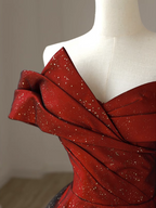 Elegant Burgundy Off-The-Shoulder A-Line Satin Tulle Long Prom Dress Evening Dress