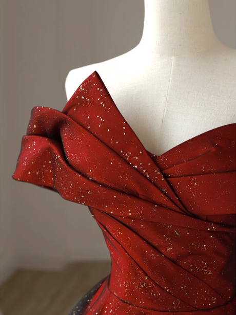 Elegant Burgundy Off-The-Shoulder A-Line Satin Tulle Long Prom Dress Evening Dress
