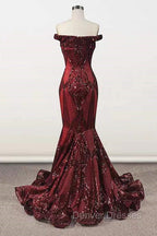Elegant Burgundy Off-the-shoulder Mermaid Prom Dress