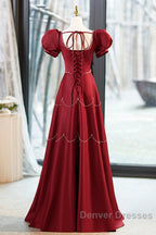 Elegant Burgundy Satin Long Prom Dress With Beaded, Burgundy Short Sleeve Evening Dress