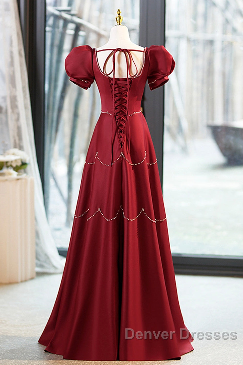 Elegant Burgundy Satin Long Prom Dress With Beaded, Burgundy Short Sleeve Evening Dress