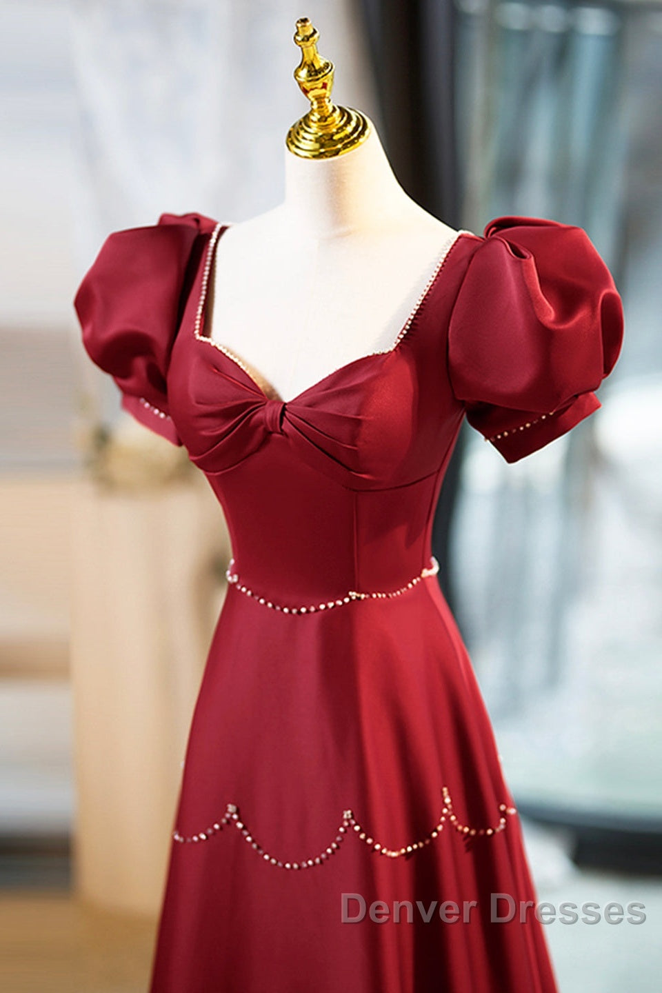Elegant Burgundy Satin Long Prom Dress With Beaded, Burgundy Short Sleeve Evening Dress