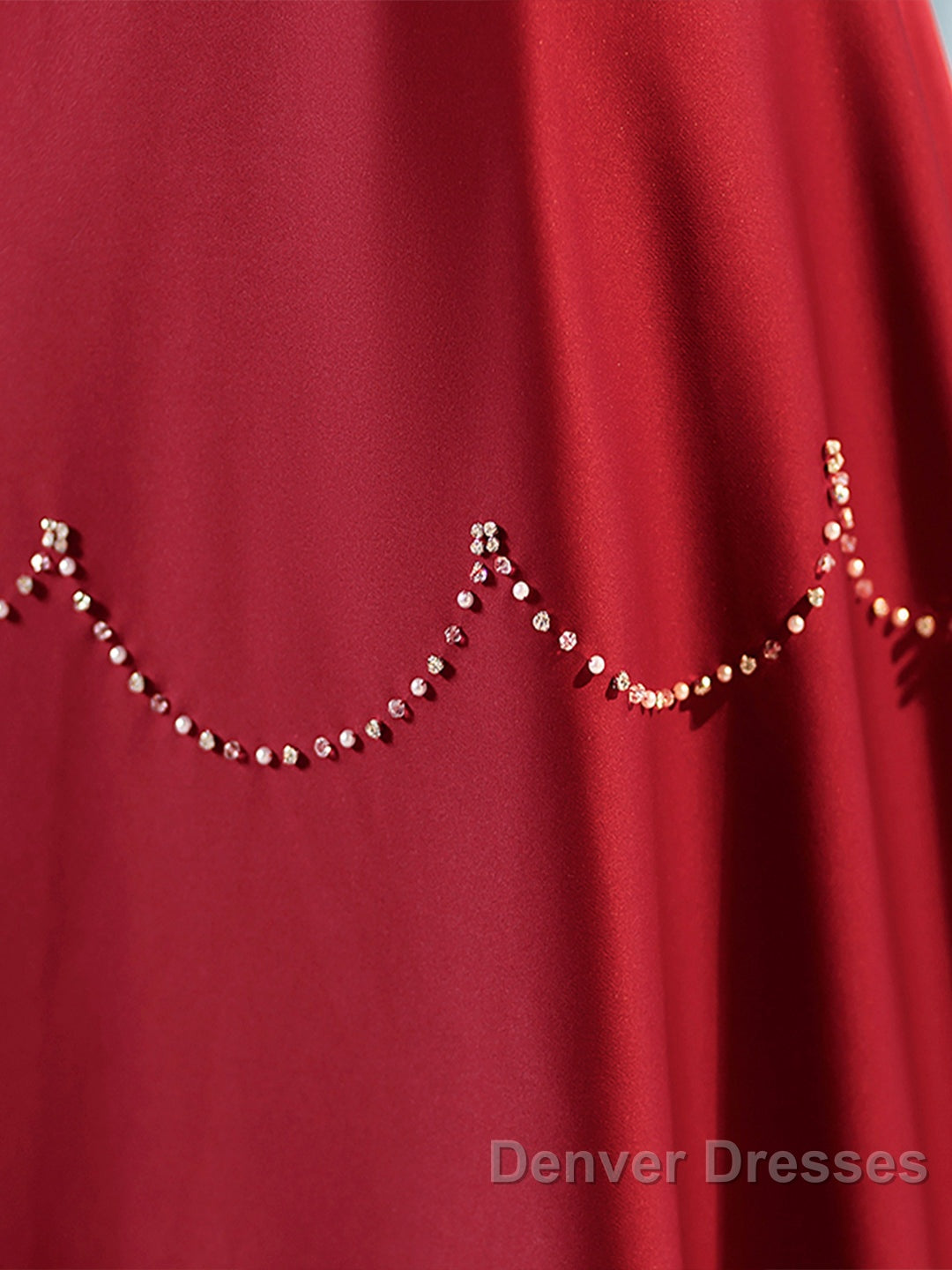 Elegant Burgundy Satin Long Prom Dress With Beaded, Burgundy Short Sleeve Evening Dress