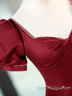 Elegant Burgundy Satin Long Prom Dress With Beaded, Burgundy Short Sleeve Evening Dress