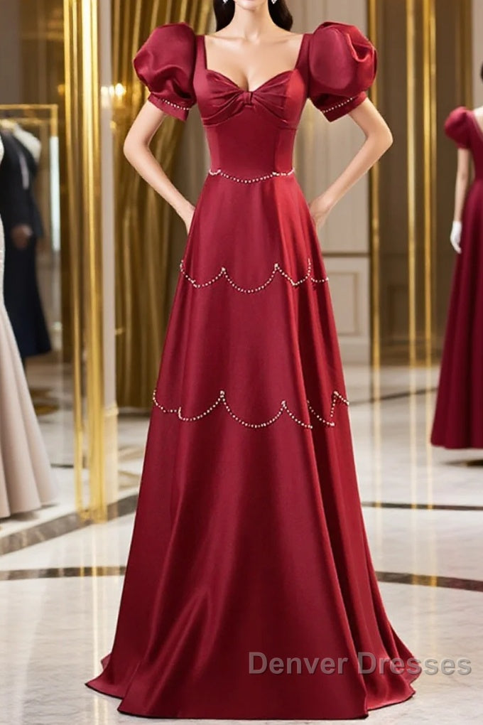 Elegant Burgundy Satin Long Prom Dress With Beaded, Burgundy Short Sleeve Evening Dress Main image