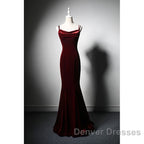 Elegant Burgundy Spaghetti Straps Velvet Mermaid Prom Dress Evening Dress