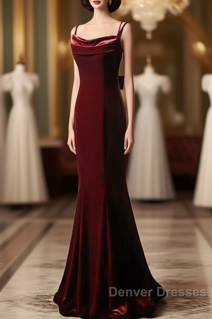 Elegant Burgundy Spaghetti Straps Velvet Mermaid Prom Dress Evening Dress Main image