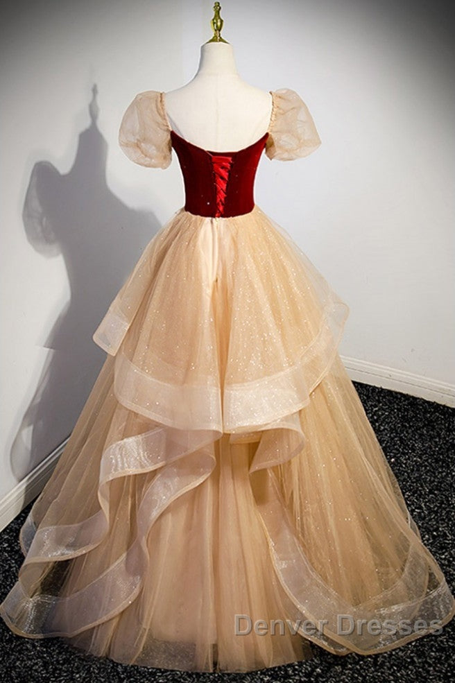 Elegant Burgundy Sparkling Sequin Square Neck Fluffy Short Sleeved Ball Dress, Burgundy Princess Sheer Backless Strap, Floor Length Layered Ruffle Edge Prom Dress Secondary image