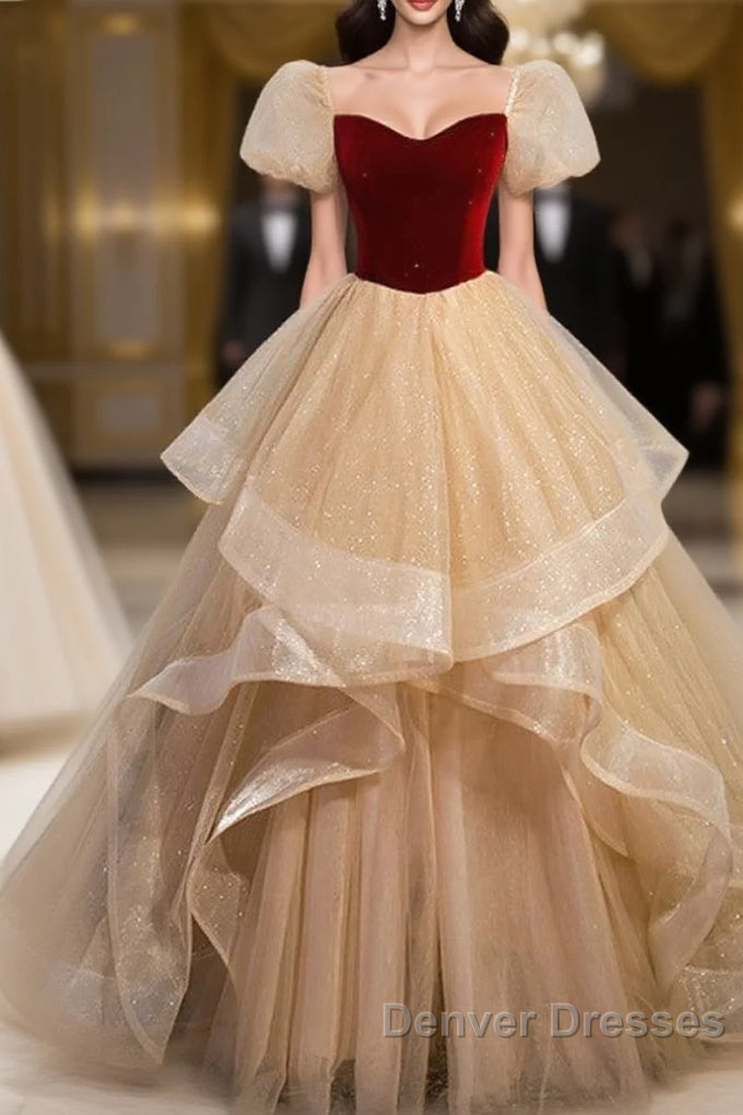 Elegant Burgundy Sparkling Sequin Square Neck Fluffy Short Sleeved Ball Dress, Burgundy Princess Sheer Backless Strap, Floor Length Layered Ruffle Edge Prom Dress Main image