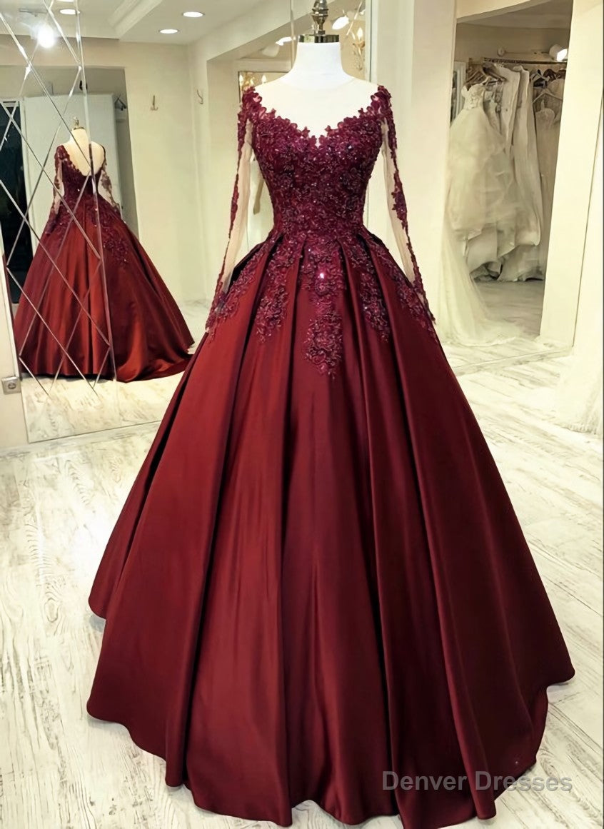 Elegant burgundy wedding dress lace long sleeves ball gown sheer neckline for women prom dress, evening dress Main image