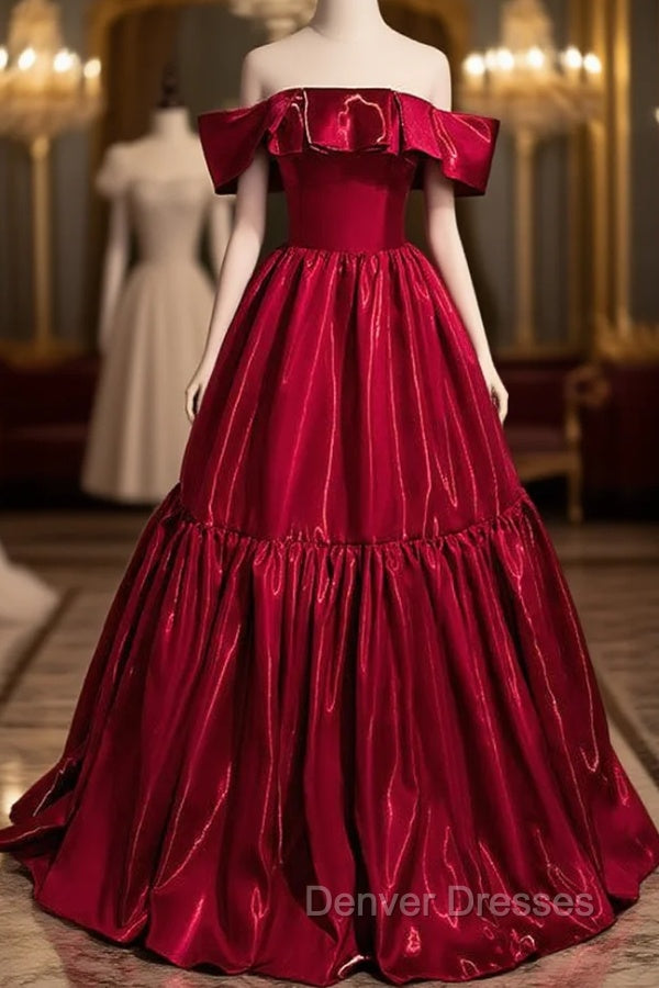 Elegant Burugndy Satin Off the Shoulder Prom Dress Main image