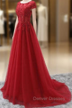 Elegant Cap Sleeve Lace Applique Tulle Party Dress, Prom Gowns