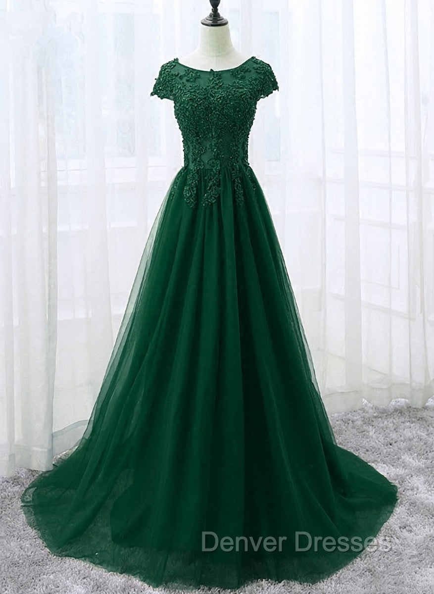 Elegant Cap Sleeve Lace Applique Tulle Party Dress, Prom Gowns Main image