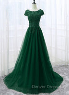 Elegant Cap Sleeve Lace Applique Tulle Party Dress, Prom Gowns